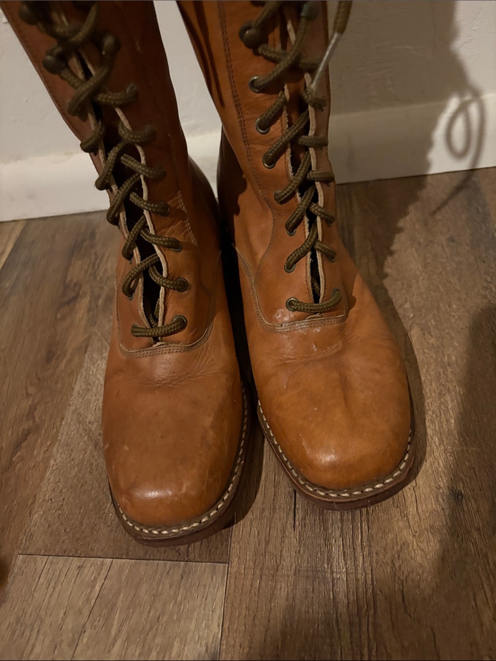 Frye Tall Lace-Up Leather Boots in Cognac Brown - Picture 10 of 17